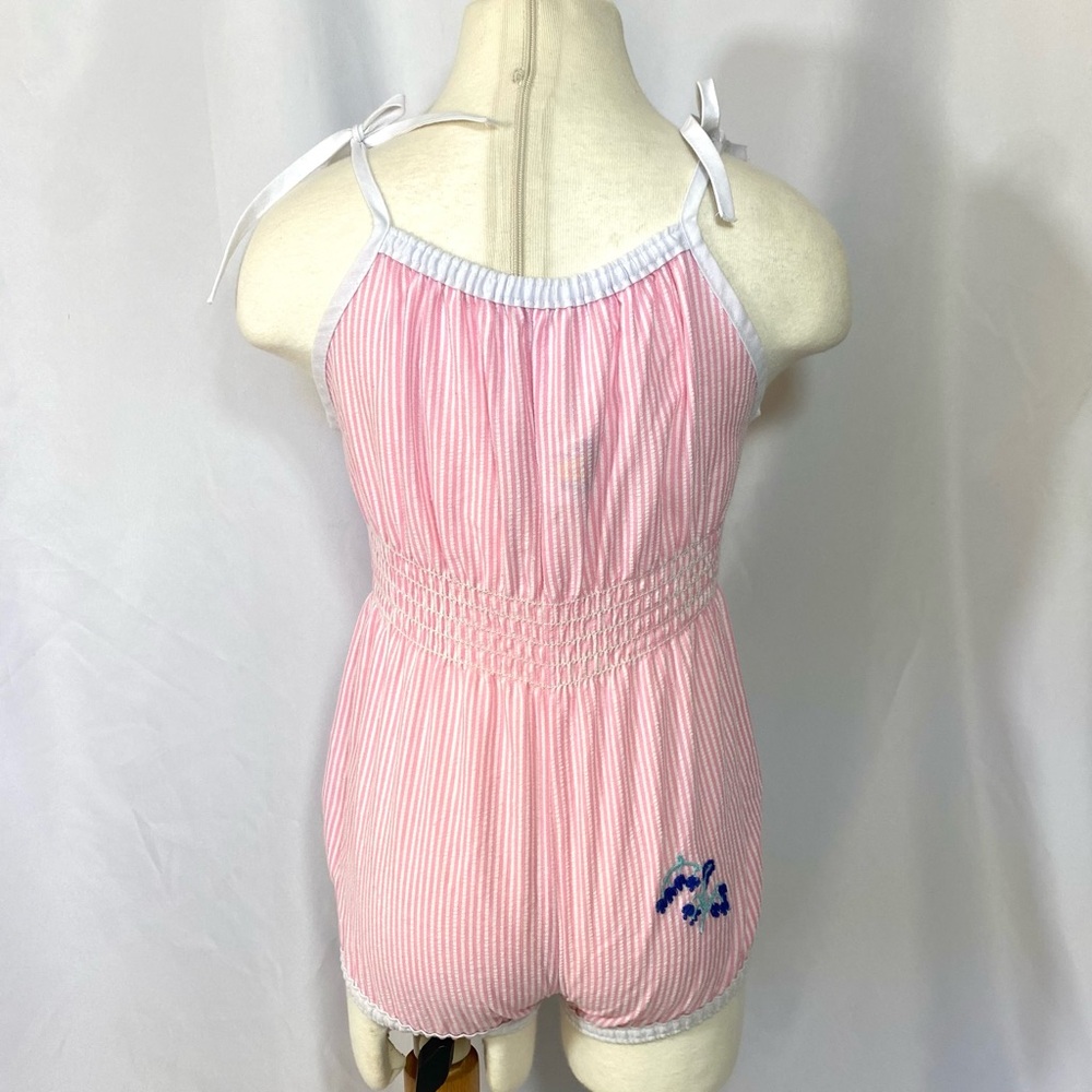 Vintage 80’s Pink Striped Smocked Romper 3T 2T Playsuit Summer Embroidered - Picture 4 of 12